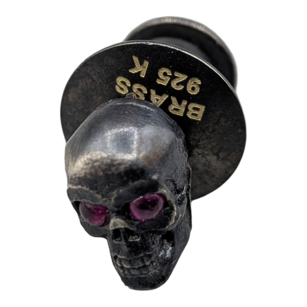 Black Skull Pin Pink CZ Eyes .925 Sterling Silver Brass Gothic Tack